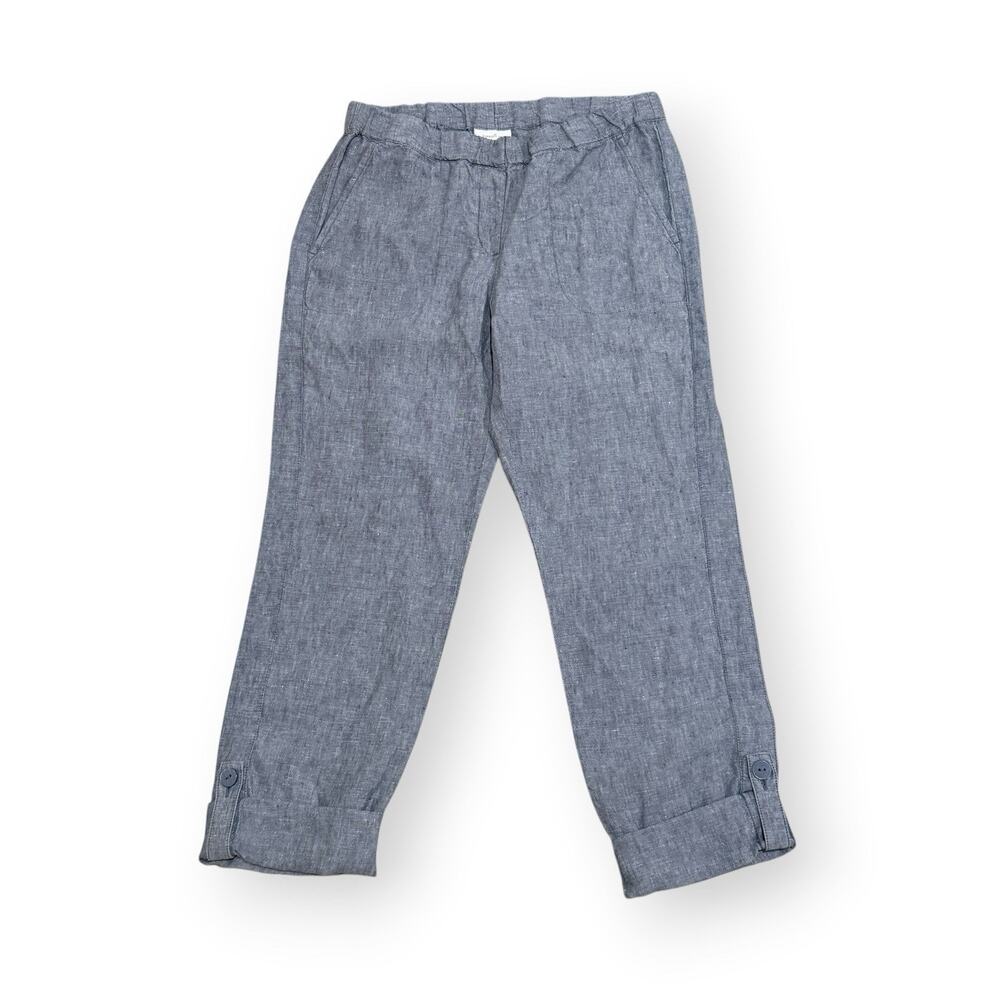 J Jill Pure Jill Linen Pants XS Blue Roll Tab Hem Pull On Crop Beach Coastal